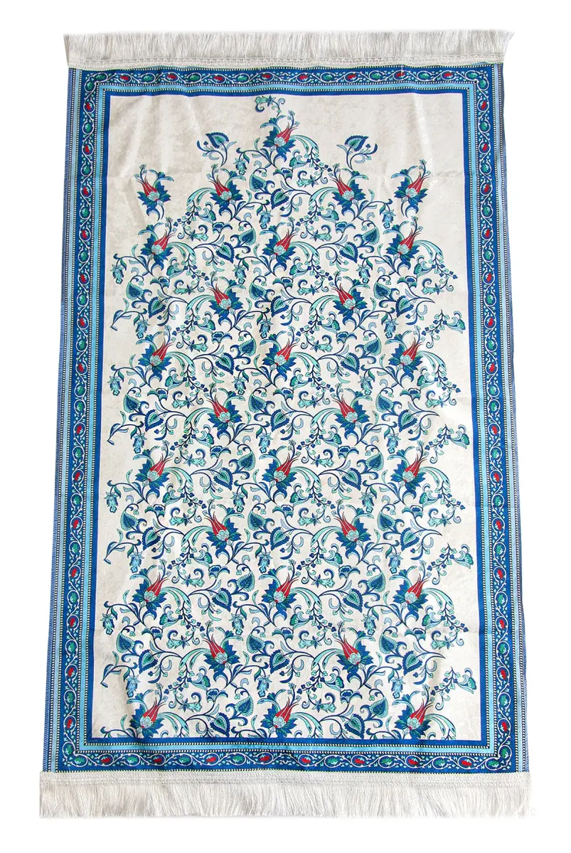 İpeksi Dokulu Çantalı Kadife Seccade - Lale Desenli, Pratik, Taşınabilir - Mavi - 3