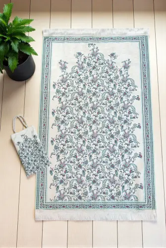 İpeksi Dokulu Çantalı Kadife Seccade - Lale Desenli, Pratik, Taşınabilir - Mint Yeşili 