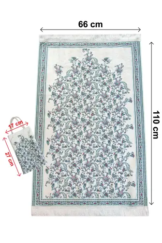 İpeksi Dokulu Çantalı Kadife Seccade - Lale Desenli, Pratik, Taşınabilir - Mint Yeşili - 4