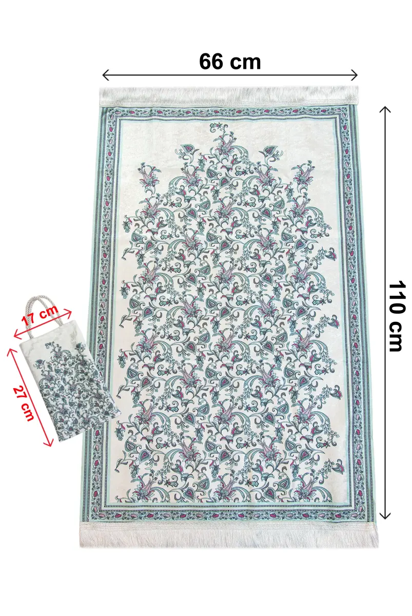 İpeksi Dokulu Çantalı Kadife Seccade - Lale Desenli, Pratik, Taşınabilir - Mint Yeşili - 4