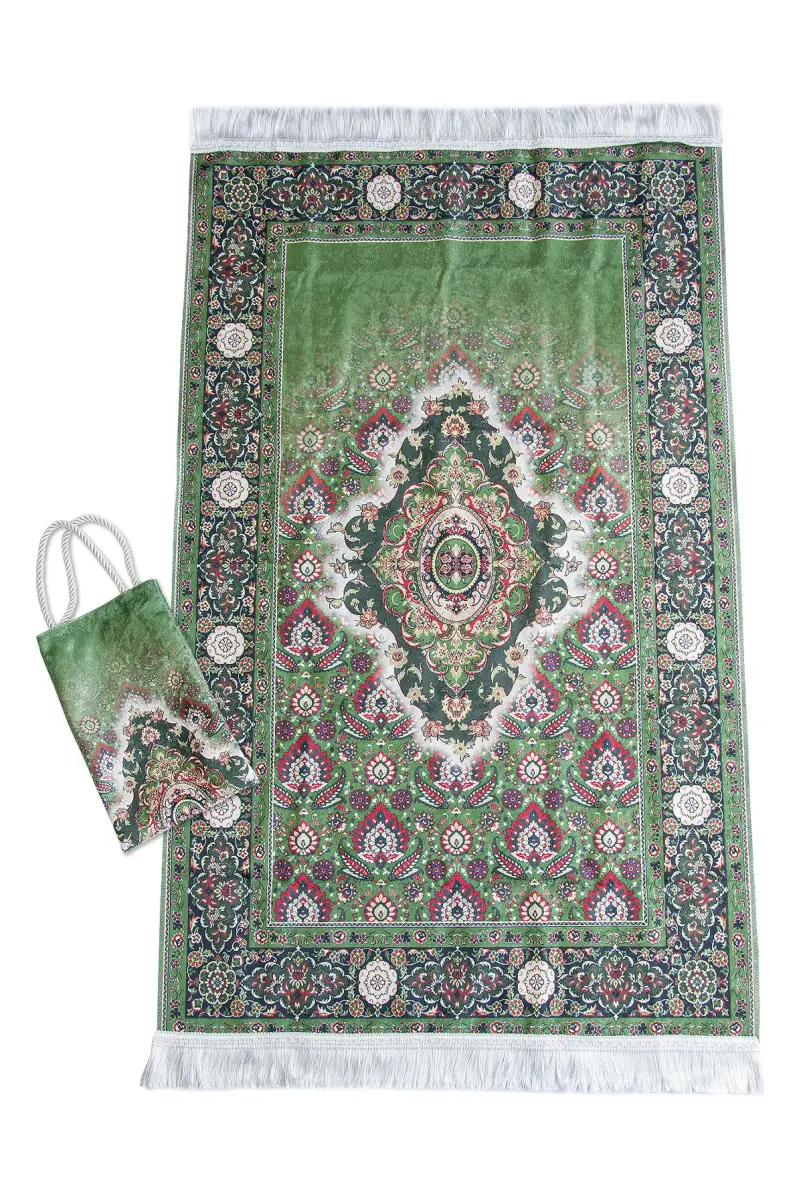 İpeksi Dokulu Çantalı Kadife Seccade - Rumi Motifli, Pratik, Taşınabilir - Açık Yeşil - 2