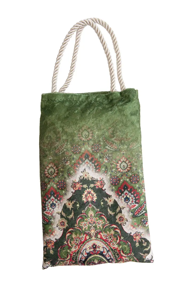 İpeksi Dokulu Çantalı Kadife Seccade - Rumi Motifli, Pratik, Taşınabilir - Açık Yeşil - 3