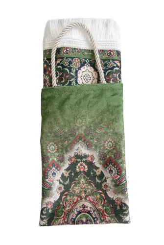 İpeksi Dokulu Çantalı Kadife Seccade - Rumi Motifli, Pratik, Taşınabilir - Açık Yeşil - 4