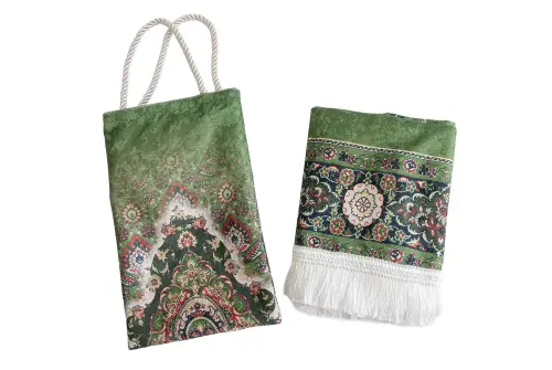 İpeksi Dokulu Çantalı Kadife Seccade - Rumi Motifli, Pratik, Taşınabilir - Açık Yeşil - 5