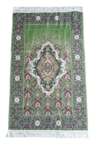 İpeksi Dokulu Çantalı Kadife Seccade - Rumi Motifli, Pratik, Taşınabilir - Açık Yeşil - 6