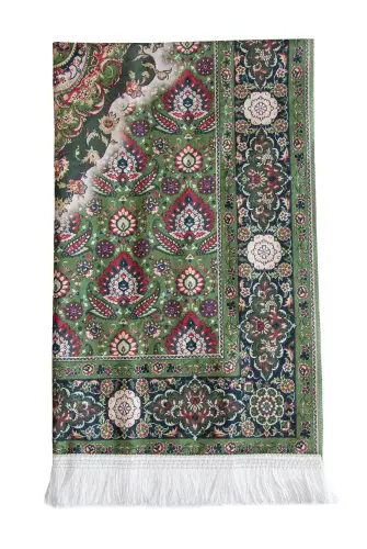 İpeksi Dokulu Çantalı Kadife Seccade - Rumi Motifli, Pratik, Taşınabilir - Açık Yeşil - 8
