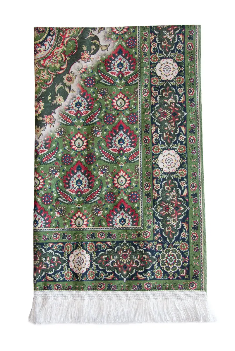İpeksi Dokulu Çantalı Kadife Seccade - Rumi Motifli, Pratik, Taşınabilir - Açık Yeşil - 8