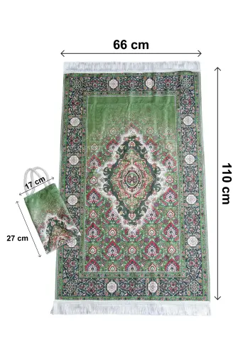 İpeksi Dokulu Çantalı Kadife Seccade - Rumi Motifli, Pratik, Taşınabilir - Açık Yeşil - 9