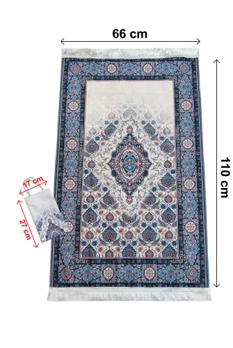 İpeksi Dokulu Çantalı Kadife Seccade - Rumi Motifli, Pratik, Taşınabilir - Lacivert - 3