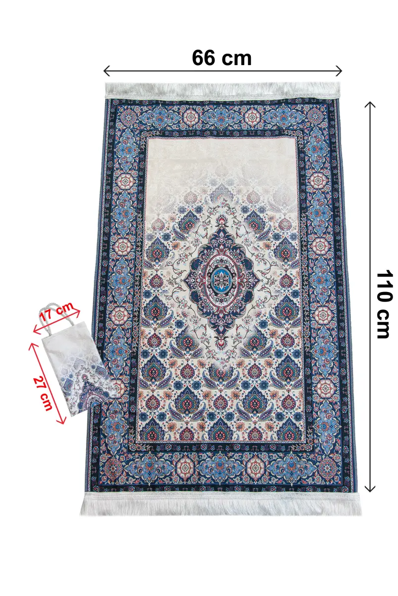 İpeksi Dokulu Çantalı Kadife Seccade - Rumi Motifli, Pratik, Taşınabilir - Lacivert - 3