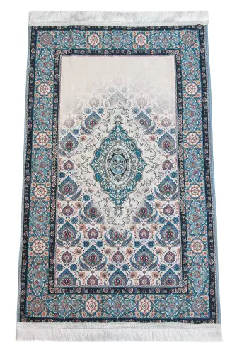 İpeksi Dokulu Çantalı Kadife Seccade - Rumi Motifli, Pratik, Taşınabilir - Mavi - 2