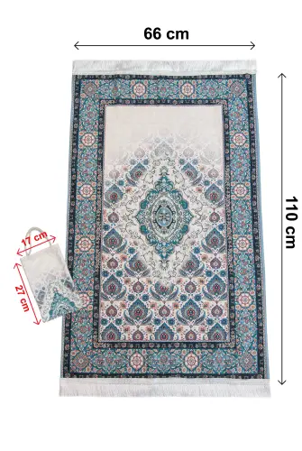 İpeksi Dokulu Çantalı Kadife Seccade - Rumi Motifli, Pratik, Taşınabilir - Mavi - 4
