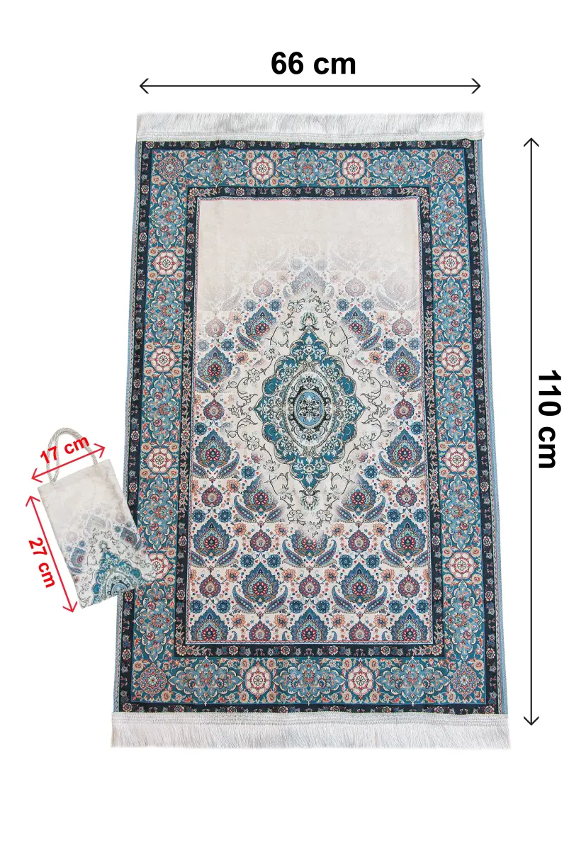 İpeksi Dokulu Çantalı Kadife Seccade - Rumi Motifli, Pratik, Taşınabilir - Mavi - 4