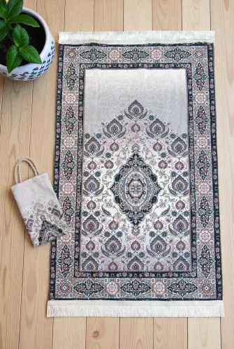 İpeksi Dokulu Çantalı Kadife Seccade - Rumi Motifli, Pratik, Taşınabilir - Siyah 