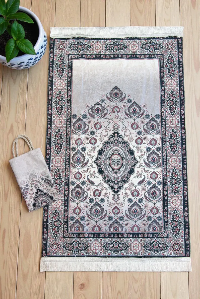 İpeksi Dokulu Çantalı Kadife Seccade - Rumi Motifli, Pratik, Taşınabilir - Siyah - 1