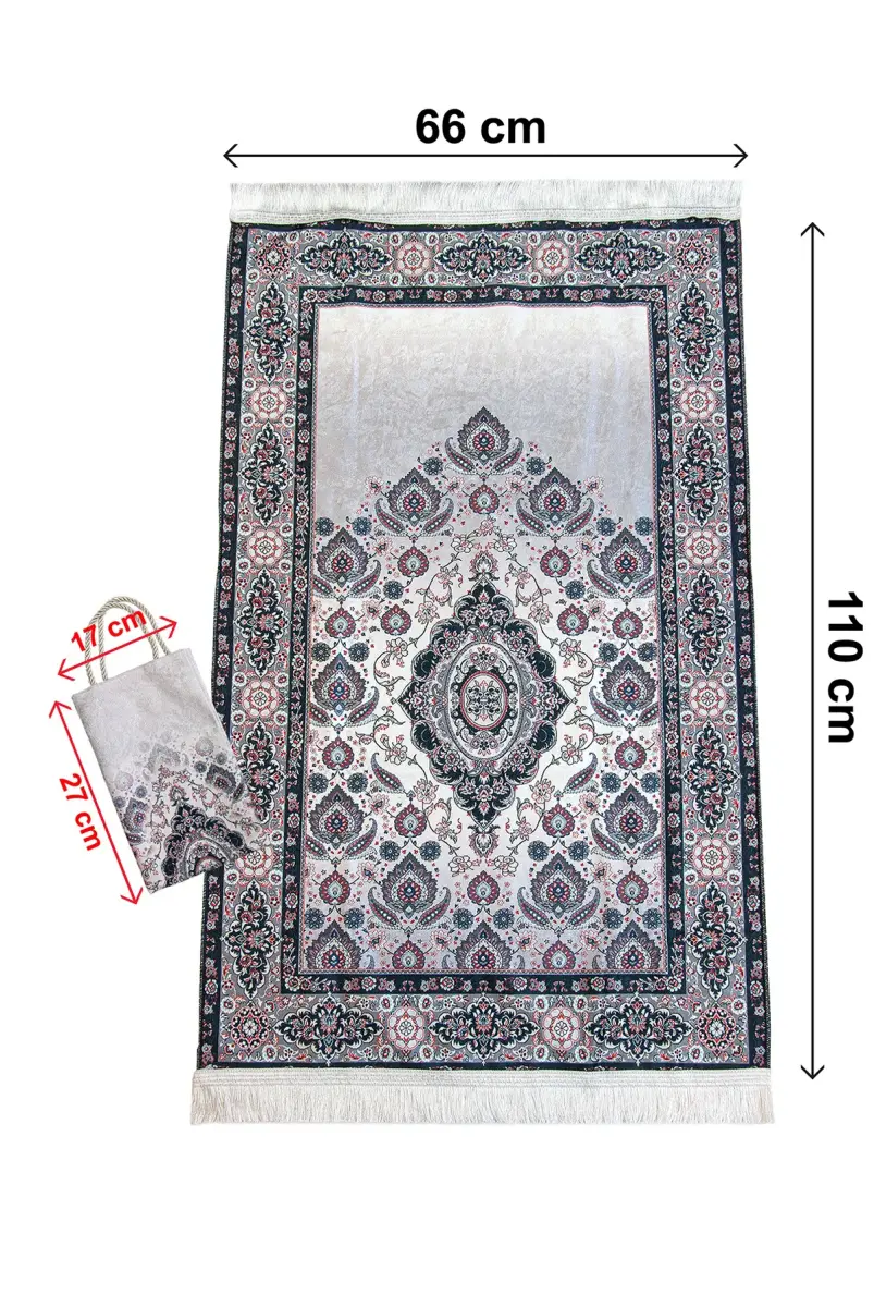 İpeksi Dokulu Çantalı Kadife Seccade - Rumi Motifli, Pratik, Taşınabilir - Siyah - 8