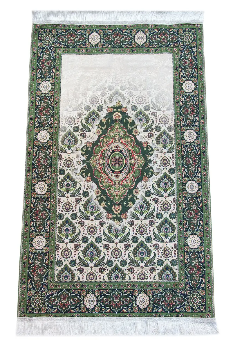 İpeksi Dokulu Çantalı Kadife Seccade - Rumi Motifli, Pratik, Taşınabilir - Yeşil - 2