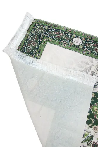 İpeksi Dokulu Çantalı Kadife Seccade - Rumi Motifli, Pratik, Taşınabilir - Yeşil - 3