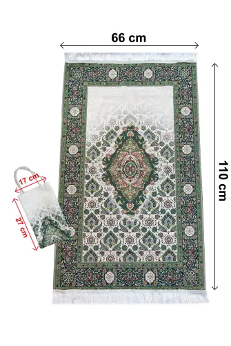 İpeksi Dokulu Çantalı Kadife Seccade - Rumi Motifli, Pratik, Taşınabilir - Yeşil - 4