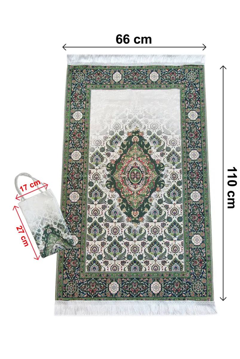 İpeksi Dokulu Çantalı Kadife Seccade - Rumi Motifli, Pratik, Taşınabilir - Yeşil - 4
