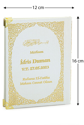 İsim Baskılı Ayet-el Kürsi Desenli Yaldızlı Deri Ciltli Çanta Boy Yasin Kitabı Mevlüt Hediyesi 128 Sayfa Beyaz - 1