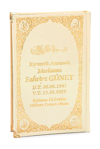 İsim Baskılı Ayet-el Kürsi Desenli Yaldızlı Deri Ciltli Orta Boy Kuranı Kerim Mevlüt Hediyesi Krem 