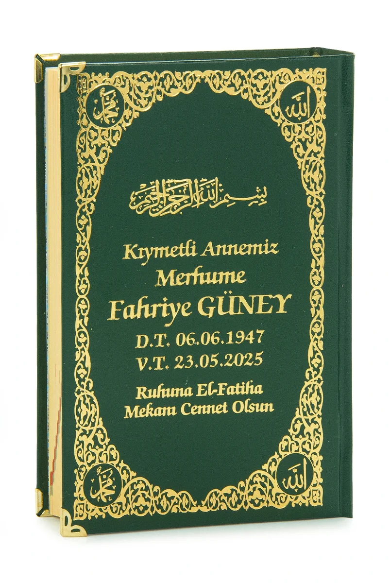 İsim Baskılı Ayet-el Kürsi Desenli Yaldızlı Deri Ciltli Orta Boy Kuranı Kerim Mevlüt Hediyesi Yeşil - 1