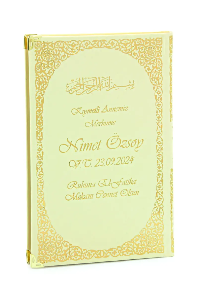 İsim Baskılı Ayet-el Kürsi Desenli Yaldızlı Deri Ciltli Orta Boy Yasin Kitabı Mevlüt Hediyesi 128 Sayfa Krem - 2