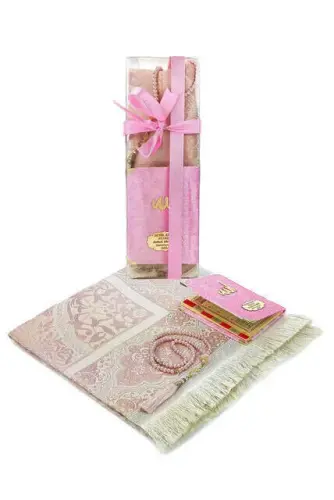 İsim Baskılı Kadife Kaplı Yasin Seccade Tesbih Kutulu Set Pembe 
