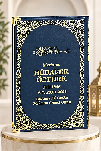 İsim Baskılı Yaldızlı Deri Ciltli Orta Boy Yasin Kitabı Mevlüt Hediyesi 176 Sayfa Lacivert 