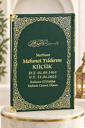 İsim Baskılı Yaldızlı Deri Ciltli Orta Boy Yasin Kitabı Mevlüt Hediyesi 176 Sayfa Yeşil 