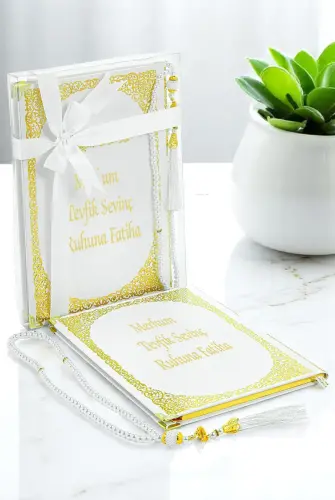 İsim Baskılı Yaldızlı Deri Ciltli Yasin Kitabı - Orta Boy - Şeffaf Kutulu - İnci Tesbihli - Kurdelalı - Beyaz Renk 