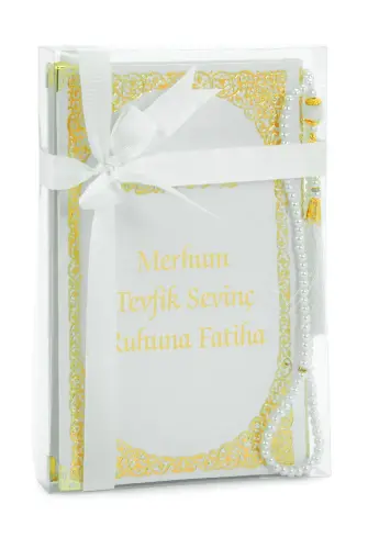 İsim Baskılı Yaldızlı Deri Ciltli Yasin Kitabı - Orta Boy - Şeffaf Kutulu - İnci Tesbihli - Kurdelalı - Beyaz Renk - ihvanonline (1)