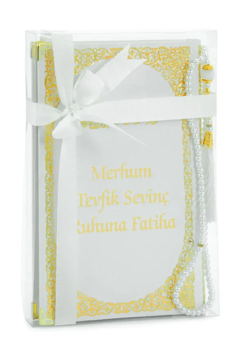 İsim Baskılı Yaldızlı Deri Ciltli Yasin Kitabı - Orta Boy - Şeffaf Kutulu - İnci Tesbihli - Kurdelalı - Beyaz Renk - 2