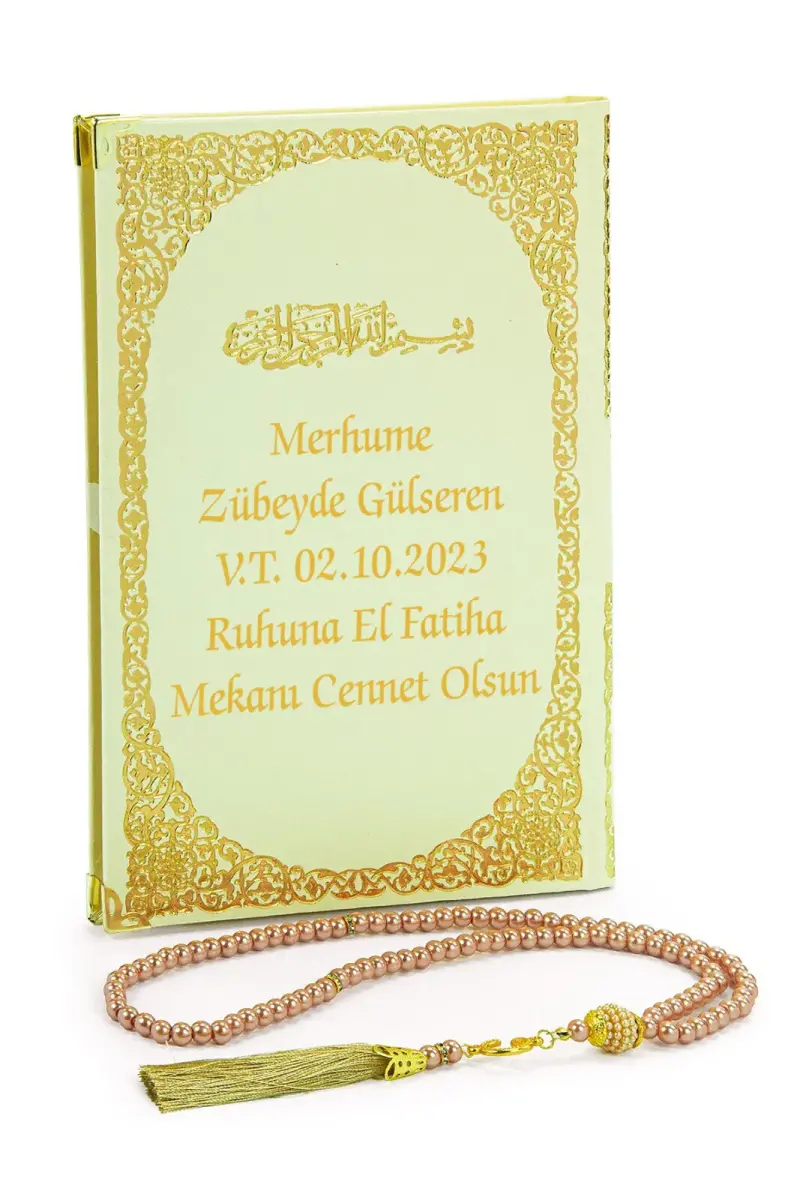 İsim Baskılı Yaldızlı Deri Ciltli Yasin Kitabı - Orta Boy - Şeffaf Kutulu - İnci Tesbihli - Kurdelalı - Krem Renk - 3