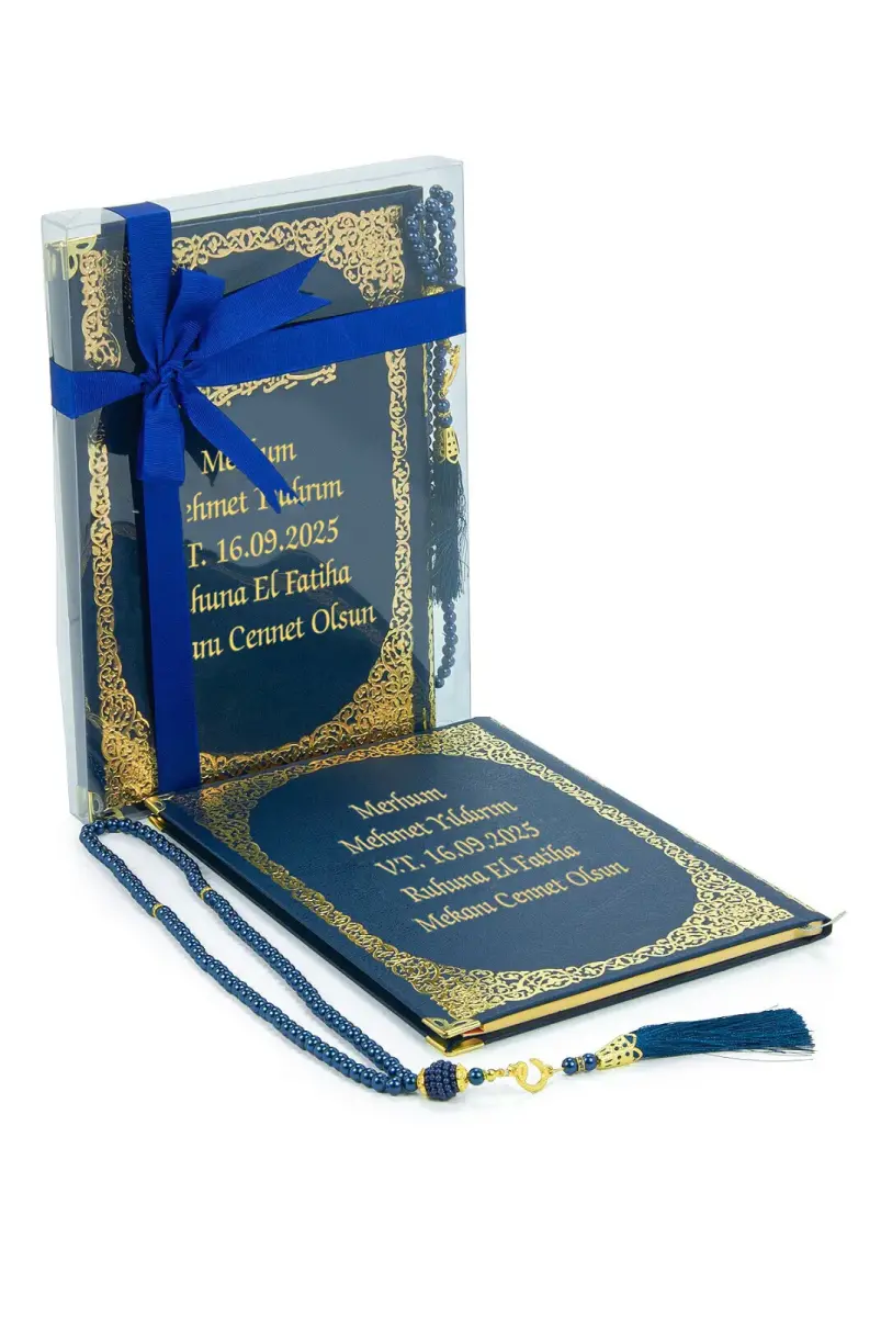 İsim Baskılı Yaldızlı Deri Ciltli Yasin Kitabı - Orta Boy - Şeffaf Kutulu - İnci Tesbihli - Kurdelalı - Lacivert Renk - 1