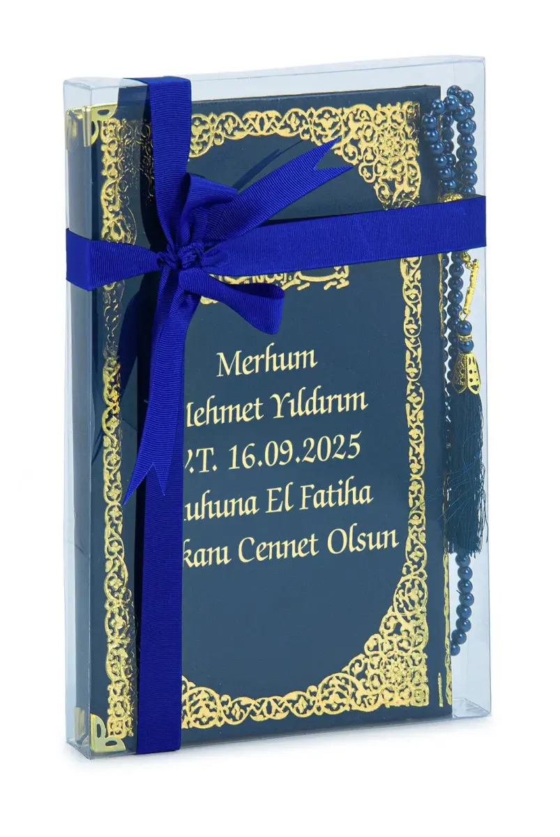 İsim Baskılı Yaldızlı Deri Ciltli Yasin Kitabı - Orta Boy - Şeffaf Kutulu - İnci Tesbihli - Kurdelalı - Lacivert Renk - 2