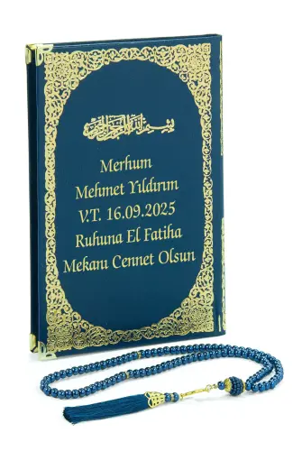 İsim Baskılı Yaldızlı Deri Ciltli Yasin Kitabı - Orta Boy - Şeffaf Kutulu - İnci Tesbihli - Kurdelalı - Lacivert Renk - 3
