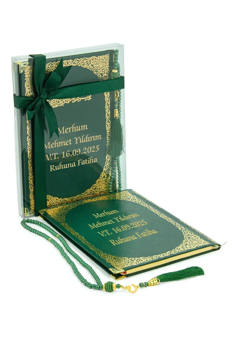 İsim Baskılı Yaldızlı Deri Ciltli Yasin Kitabı - Orta Boy - Şeffaf Kutulu - İnci Tesbihli - Kurdelalı - Yeşil Renk - 1
