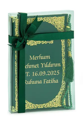 İsim Baskılı Yaldızlı Deri Ciltli Yasin Kitabı - Orta Boy - Şeffaf Kutulu - İnci Tesbihli - Kurdelalı - Yeşil Renk - ihvanonline (1)