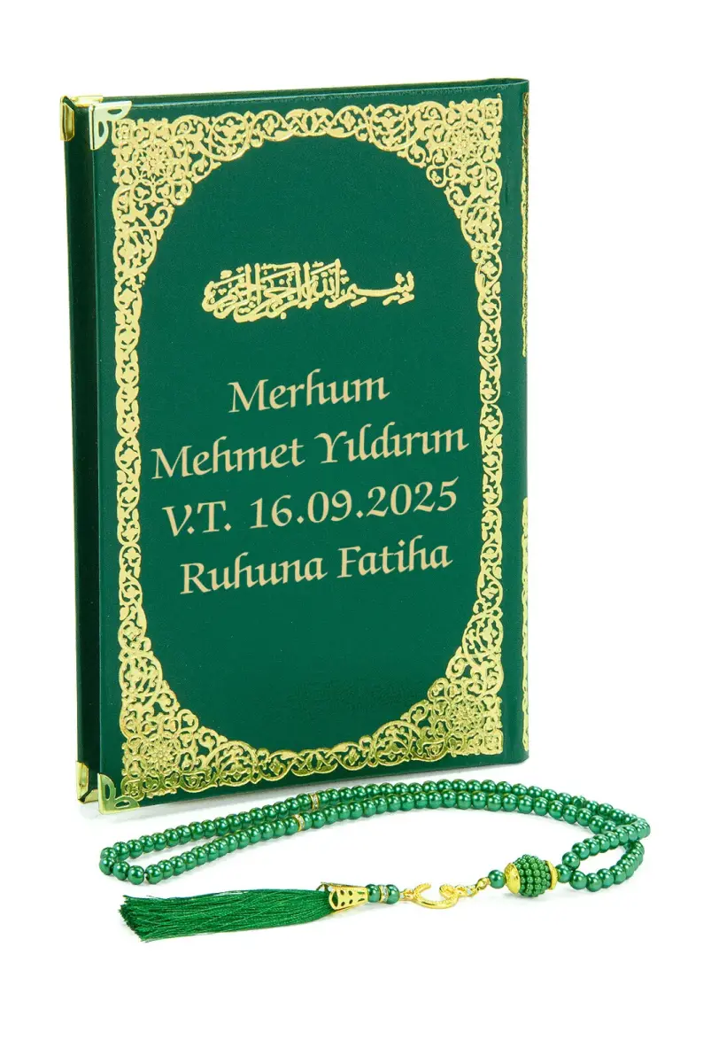 İsim Baskılı Yaldızlı Deri Ciltli Yasin Kitabı - Orta Boy - Şeffaf Kutulu - İnci Tesbihli - Kurdelalı - Yeşil Renk - 3