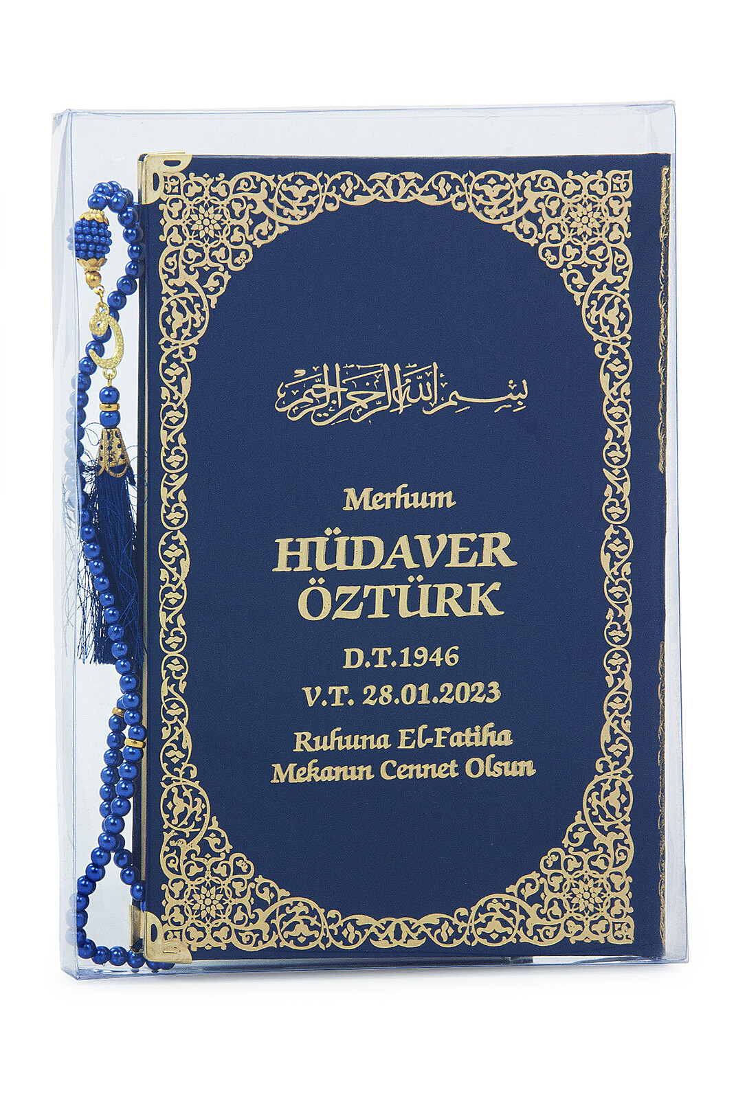 İsim Baskılı Yaldızlı Deri Ciltli Yasin Kitabı - Orta Boy - Şeffaf Kutulu - İnci Tesbihli - Lacivert Renk