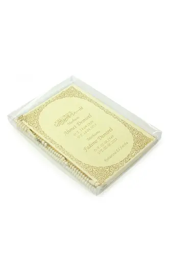 İsim Baskılı Yaldızlı Deri Ciltli Yasin Kitabı - Orta Boy - Şeffaf Kutulu - Tesbihli - Krem Renk - ihvanonline (1)