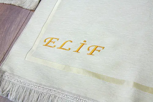 Kişiye Özel Çeyizlik İsimli Kalpli Seccade, Bohçalık Çeyizlik Namazlık Set Siyah Krem Siyah Krem - 4