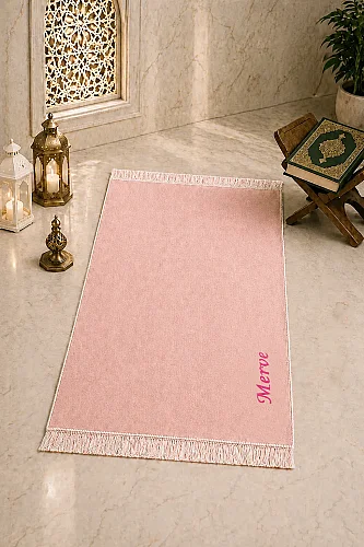 İsim Nakışlı Desensiz Kadife Seccade Pembe - ihvanonline (1)