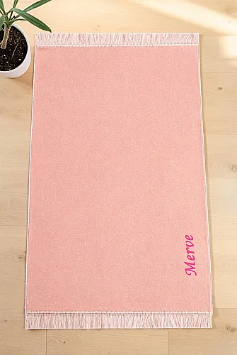İsim Nakışlı Desensiz Kadife Seccade Pembe - 1