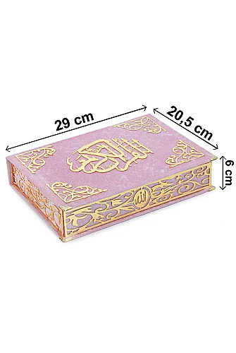 İsimli Kişiye Özel Kadife Kaplı Lazer Kesim Desenli Kuranı Kerim Sandıklı Hediye Seti - Pembe - 4