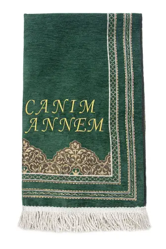 İsme Özel Anneler Günü Hediyesi Yeşil Şönil Seccade, İsim Nakışlı Tasarım - 3