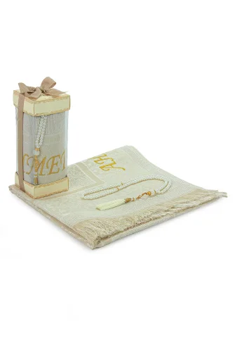 İsme Özel Çeyizlik Seccade Seti Hediyelik Özel Kutulu Krem - ihvanonline (1)