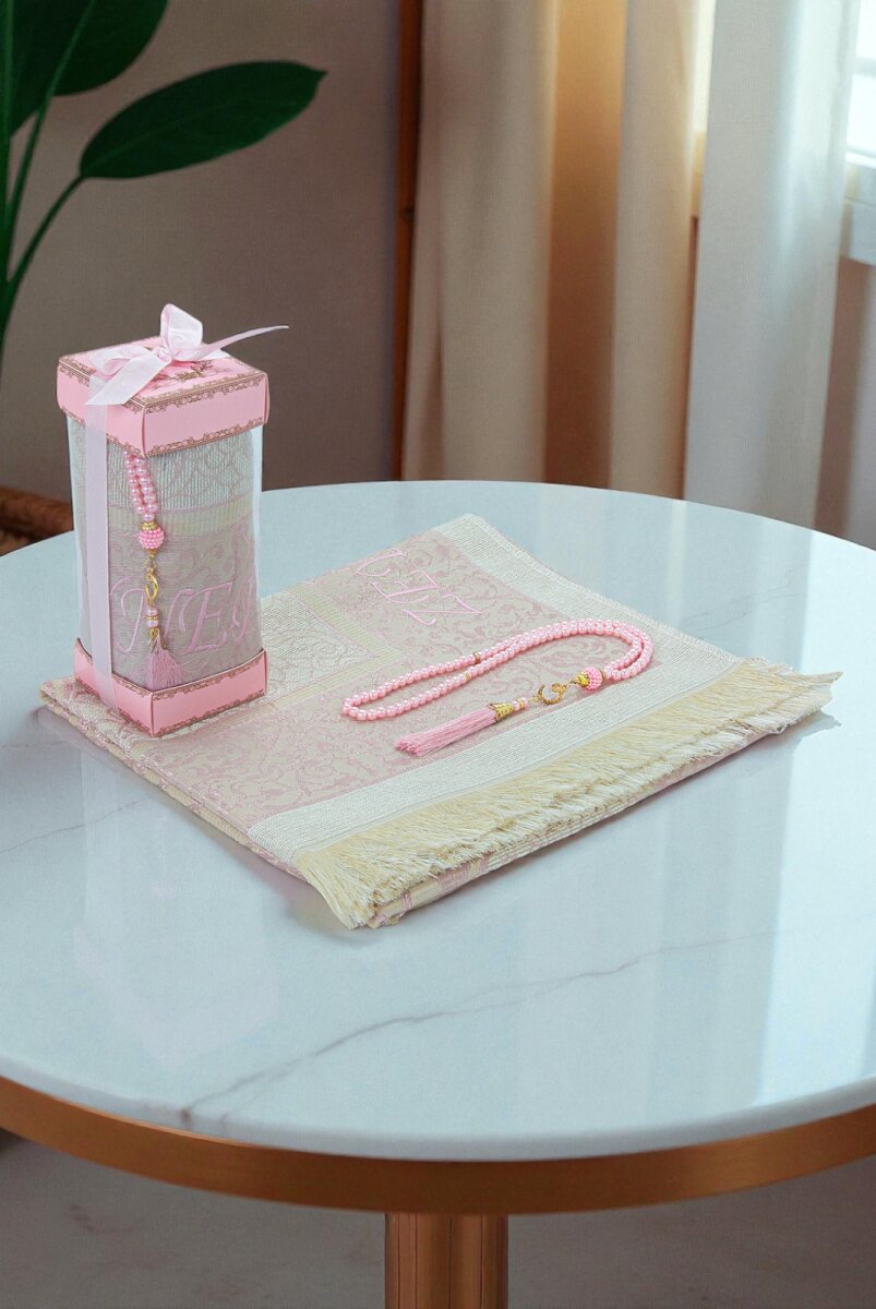 İsme Özel Çeyizlik Seccade Seti Hediyelik Özel Kutulu Pembe - 1